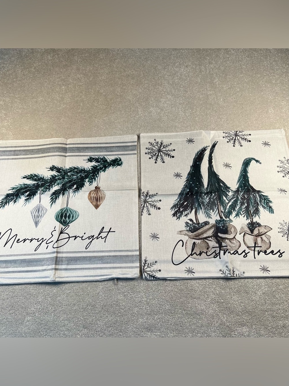 Christmas Pillow Covers Merry & Bright Christmas Trees Cream Green Muted Woven